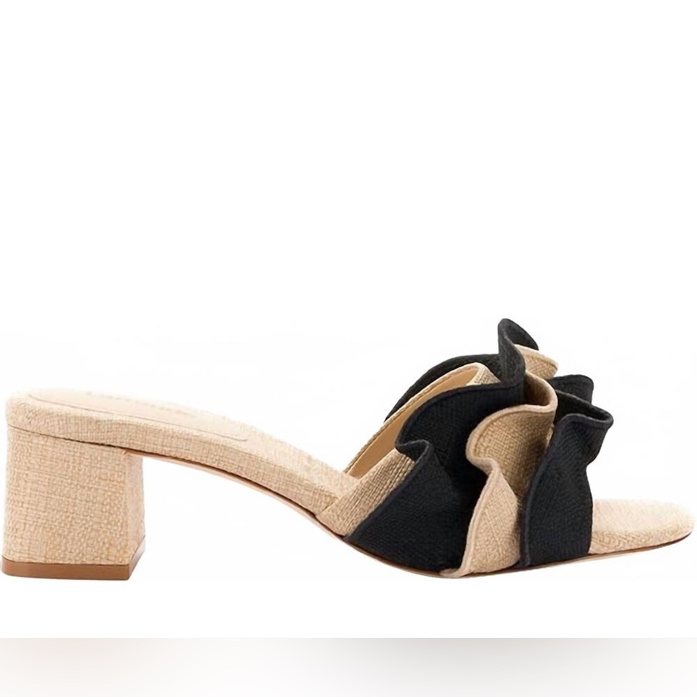 NWT Larroude Brigitte Ruffle Raffia Beige Black Sandals Women’s Sz 7.5 - Picture 3 of 14